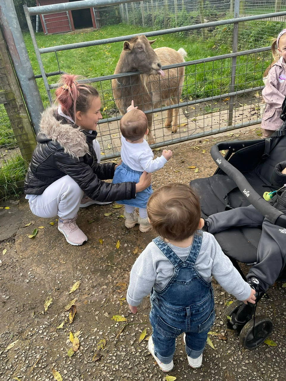 A mother and her children looking at a goat at a farm as part of a Venus Charity initiative.