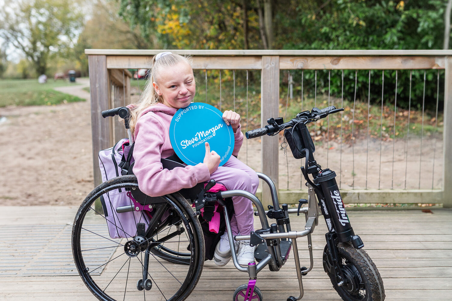 Pic of Megan Greenwood in new wheelchair funded by the Steve Morgan Foundation