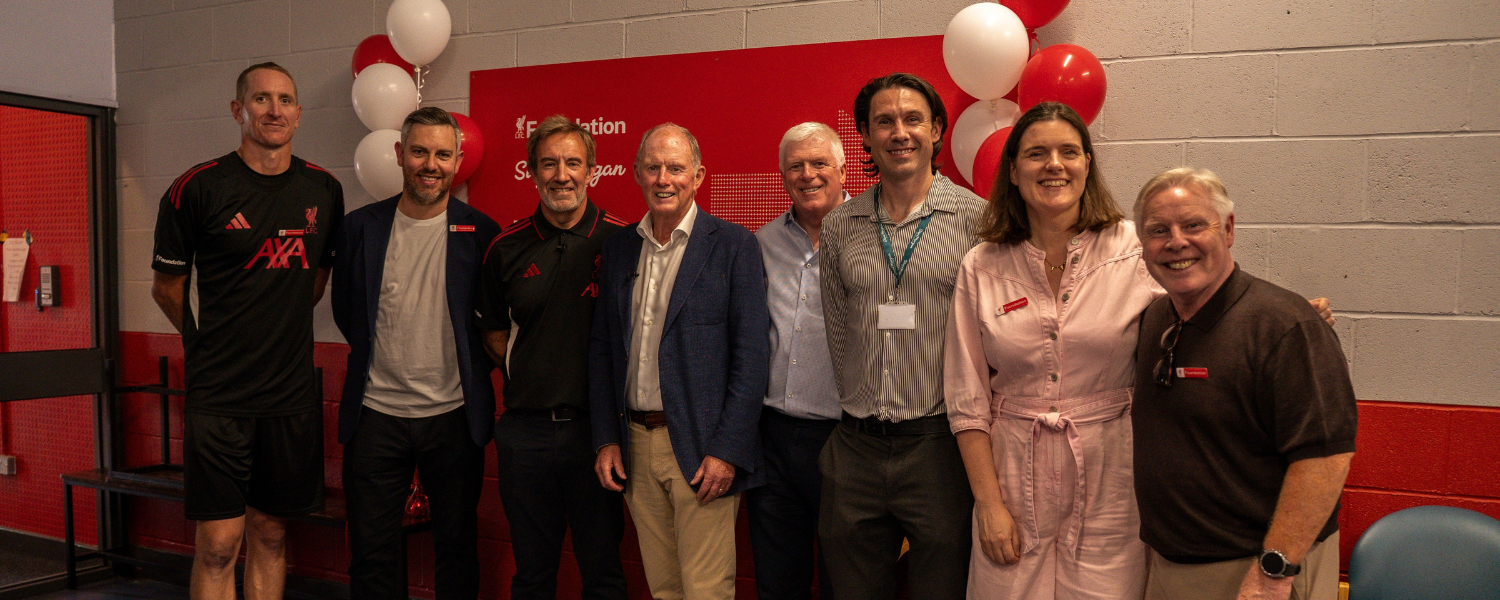 SMF LFC community Left to right: Chris Kirkland (LFC Foundation Community Ambassador), Jonathan Bamber (LFC Chief Legal & External Affairs Office and LFC Foundation Board member), Matt Parish (LFC Foundation CEO), Steve Morgan CBE, Brian Clark (SMF Trustee), Paul O’Neill (SMF Development Director), Laura Weston (LFC Foundation Trustee), Sammy Lee (LFC Legend)